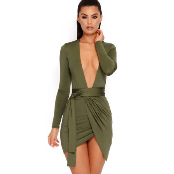 Oh Polly Long Sleeve Plunge Mini Dress 